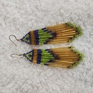 HANDMADE beaded fringe earrings, green purple gold, so pretty! NWT!!